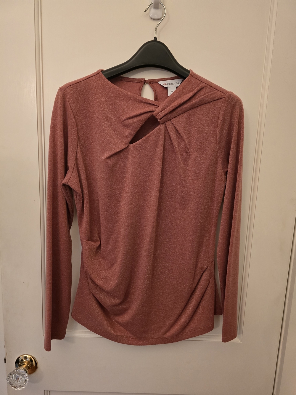 Liz Claiborne Rose Twist-Keyhole Shimmery Long Sleeve Top MED